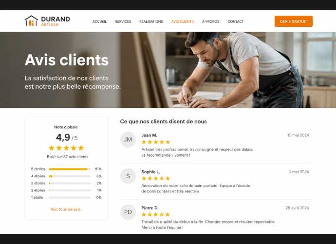 Avis clients et réputation en ligne d'un artisan sur son site internet