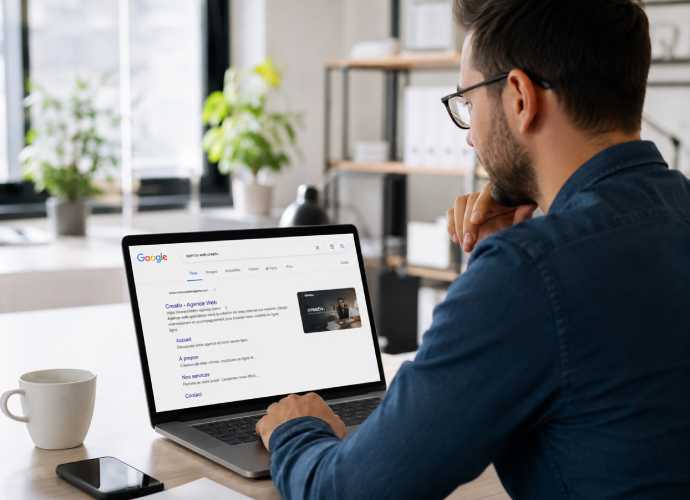 Créateur d'entreprise consultant son nouveau site internet professionnel sur Google