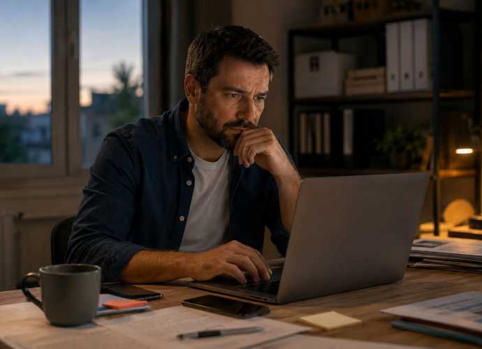 Dirigeant de TPE traitant ses emails professionnels après sa journée de travail