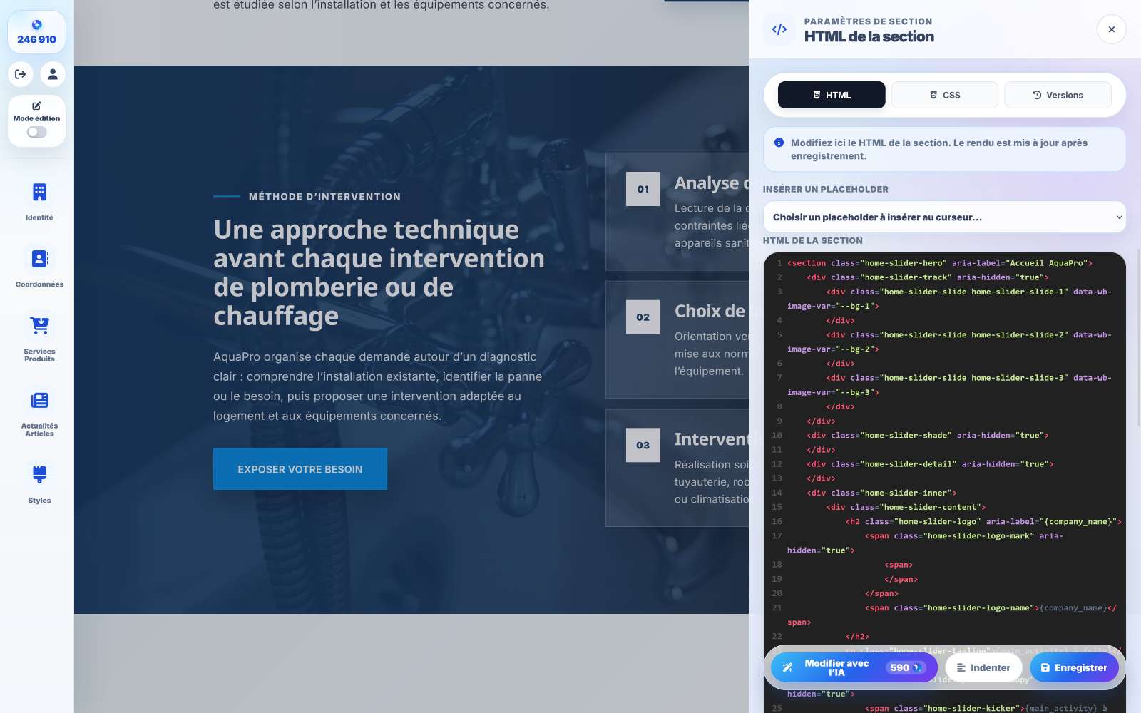 Capture de l’éditeur de code HTML et CSS de Waibora.
