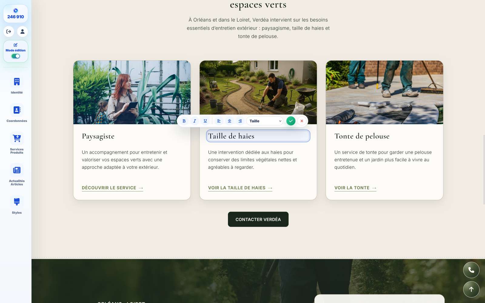 Capture du site Waibora avec le mode édition activé.