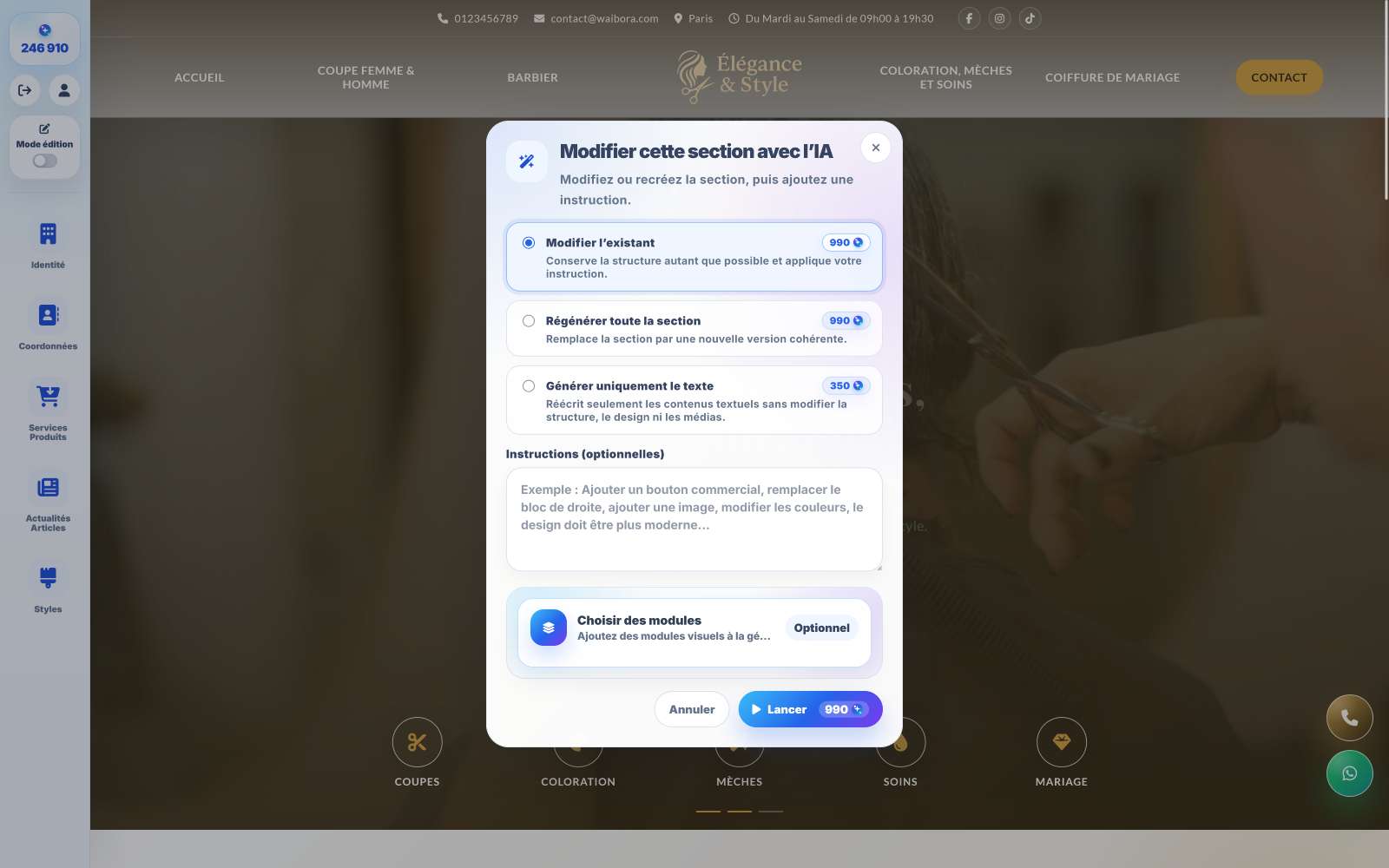 Capture de l’outil Waibora de modification d’une section avec l’intelligence artificielle.