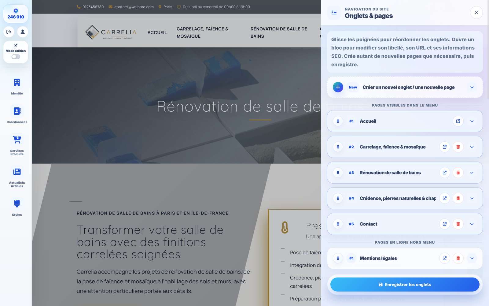 Capture des onglets de gestion des pages dans l’administration Waibora.