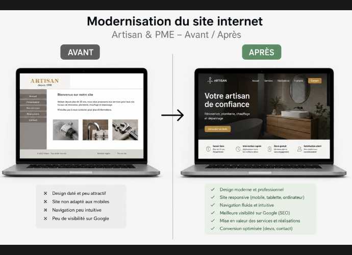 Modernisation avant après du site internet d'un artisan et d'une PME