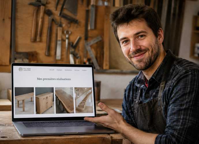Artisan présentant ses premières réalisations sur le site internet de sa nouvelle entreprise