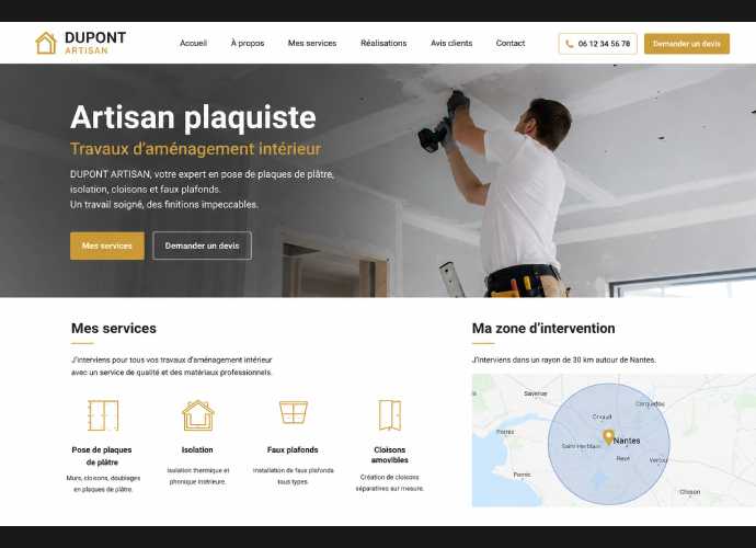 Site internet d'un artisan présentant clairement son activité et sa zone d'intervention