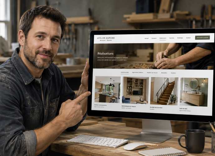 Artisan présentant ses réalisations sur un site internet professionnel